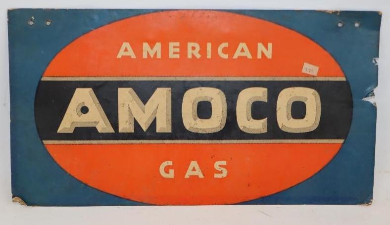 Double Sided Cardboard American Amoco Gas Advertising Sign: 18" x 9.75"