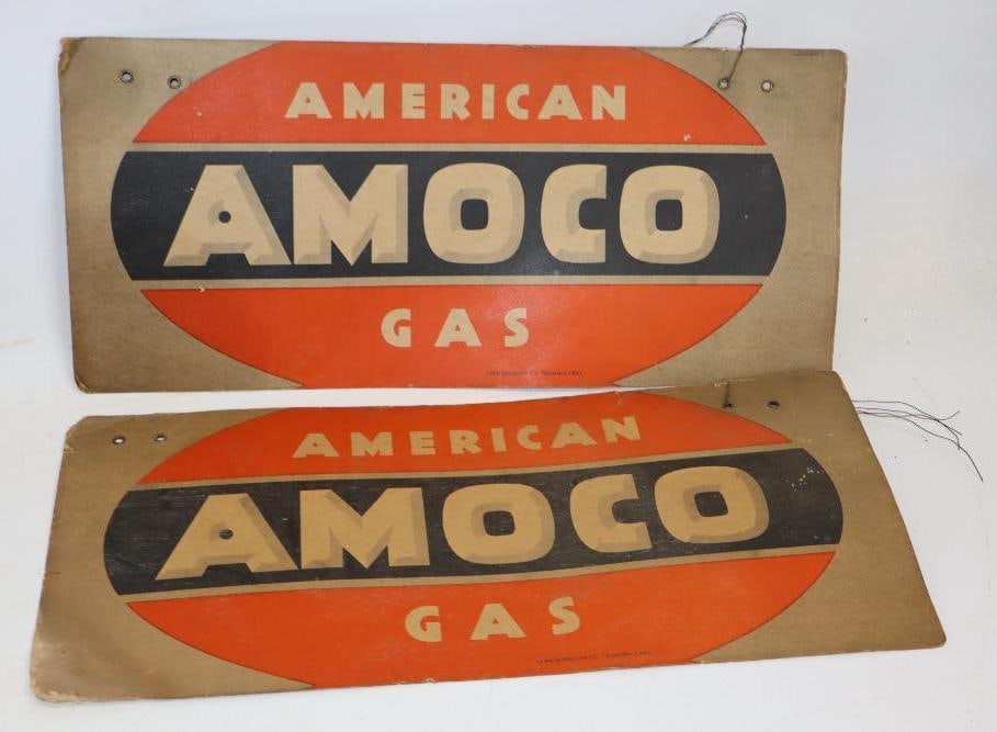 Group of 2 American Amoco Gas Doublesided Cardboard Signs: 18" x 8" each and are marked John Igelstroem Co.