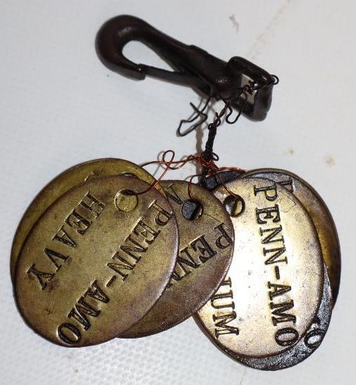 Group of 8 Penn-Amo Brass Oil Tags: 1.25" x 1.5" each