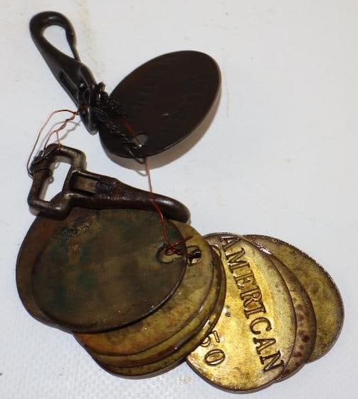 Group of 11 American Brass Oil Tags: 1.25" x 1.5" each