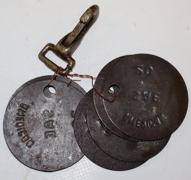 Group of 6 American Embossed Metal Oil Tags: 2" x 2" each