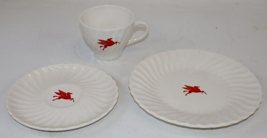 Group of 3 Mobil Pegasus Advertising Plate, Cup, & Saucer: Largest is 7.25" x 7.25"