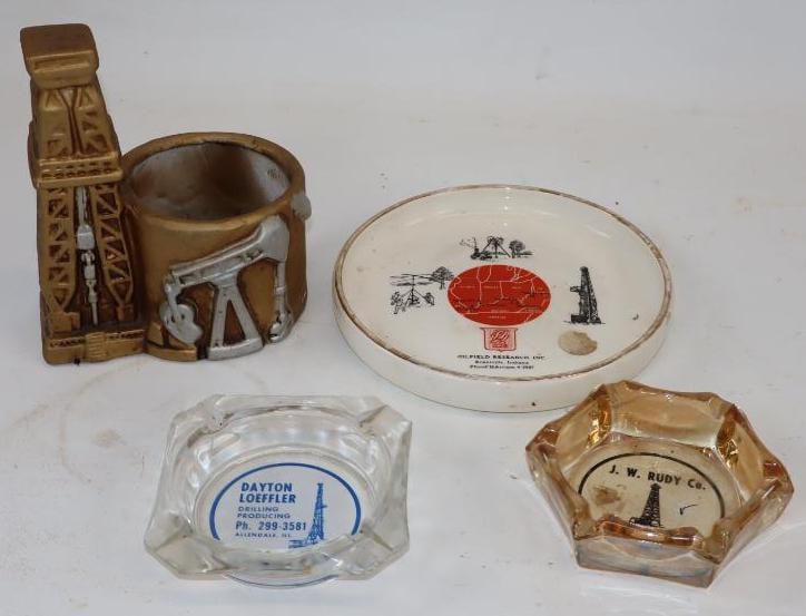 Group of 4 Oil Field Derek Companies Advertising Ashtrays & Pen Holder: Largest is 6.25" x 6.25" x 1" 2 are glass & 2 are ceramic