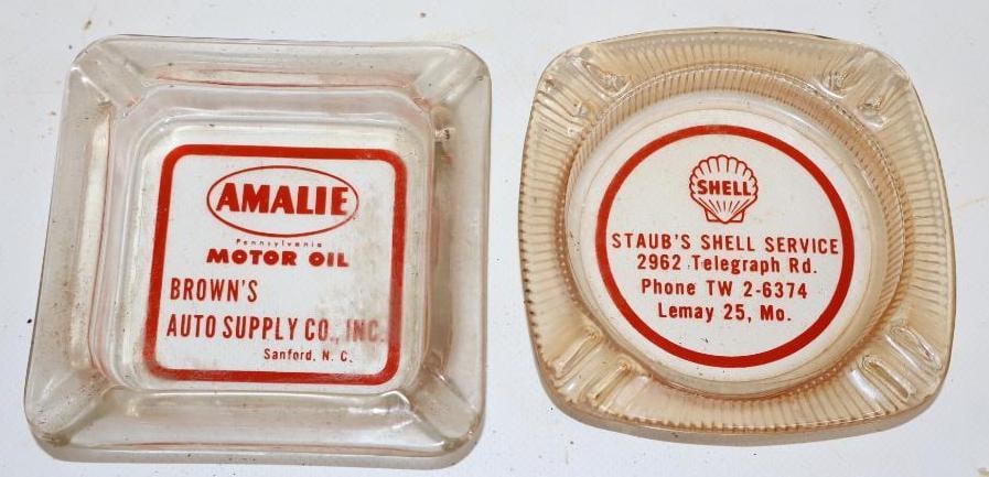 Group of 2 Amalie & Shell Glass Advertising Ashtrays: 4" x 4" x 1"