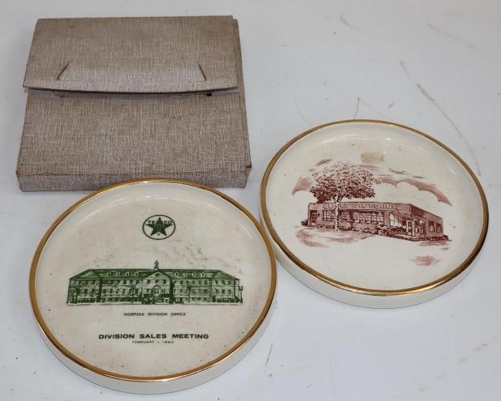 Group of 2 Texaco & Allied Oil Ceramic Advertising Ashtrays: 6.5" x 6.5" x 1" each Texaco has original box