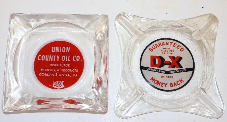 Group of 2 Different D-X Glass Advertising Ashtrays: 4" x 4" x .75" each