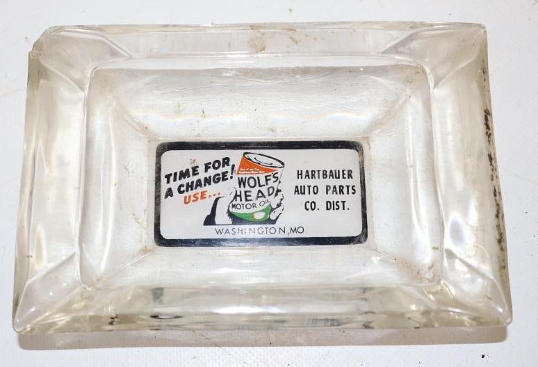 Wolfshead Hartbauer Auto Parts Washington Missouri Advertising Glass Ashtray: 6" x 4" x 1.25"