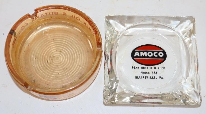 Group of 2 Amoco & Phillips 66 Glass Advertising Ashtrays: largest is 3.5" x 3.5" x .75"