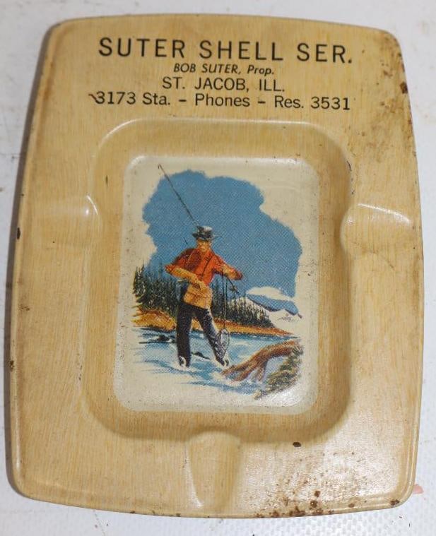 Sutershell Service Gas Station Advertising Ashtray with Fishing Scene: 4.75" X 3.5"
