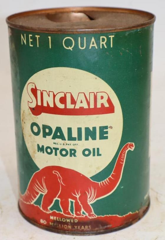 Sinclair Opaline One Quart Metal Oil Can with Red Brontosaurus and Copper Top: Empty. 4" x 4" x 5.5"