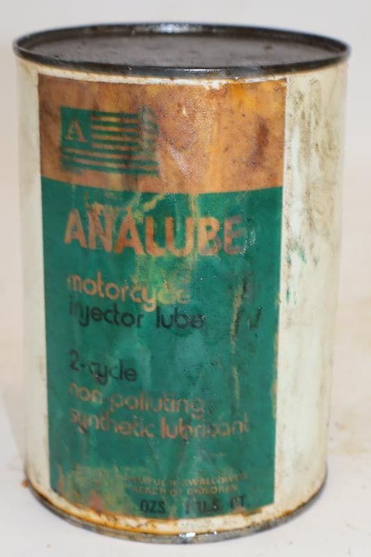 Analube Motorcycle Two Cycle One Quart Metal Oil Can with Paper Label: Full. 4" x 4" x 5.5"