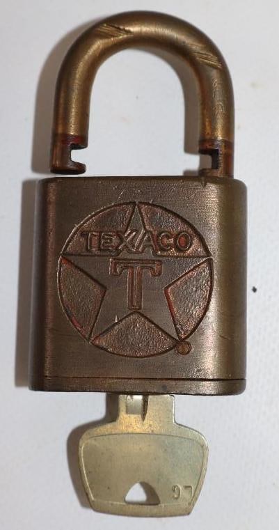 Brass Embossed Texaco Seargent Gas Pump Lock with Key: 1.75" x 2.75" x 0.75"