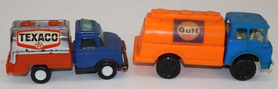 Group of 2 Gulf and Texaco Strombecker and Gay Advertising Gas Station Tanker Trucks: Largest is 7" x 3" x 3"