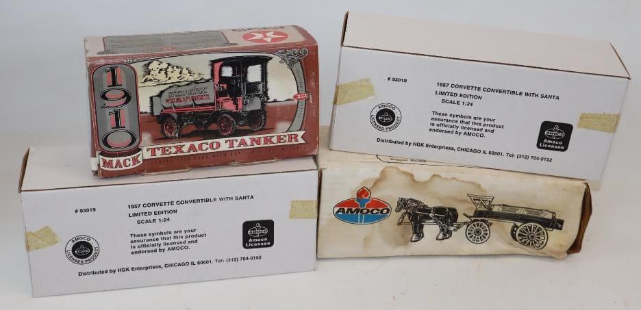 Group of 4 Texaco and Amoco Gas Station Corvette with Santa and Tanker Trucks in Original Boxes: Largest is 10" x 3" x 4"