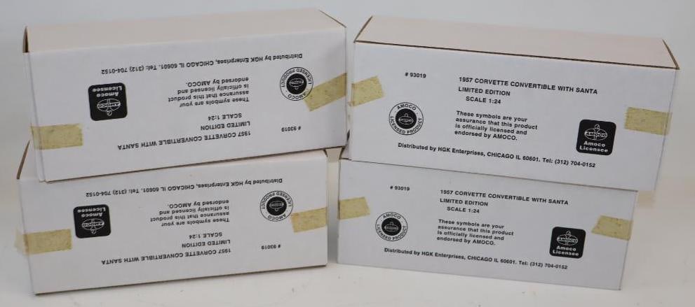 Group of 4 1957 Corvette Convertible with Santa Amoco Gas Station Toy Cars in Original Boxes: 10" x 3" x 4" each