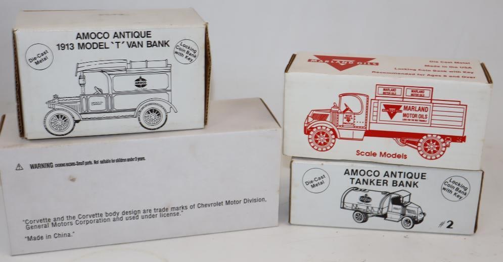 Group of 4 Conoco and Amoco Die Cast Cars and Banks in Original Boxes: Largest is 10" x 4" x 3"