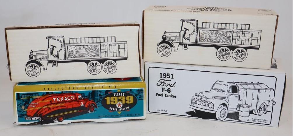 Group of 4 Gulf, Texaco, and Ford Tanker Trucks Die Cast Gas Station Cars in Original Boxes: Largest is 9.5" x 4.25" x 4.25"
