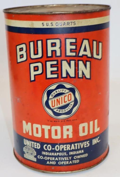 Unico Bureau Penn Five Quart Metal Oil Can: Empty. 6.5" x 6.5" x 9.5"