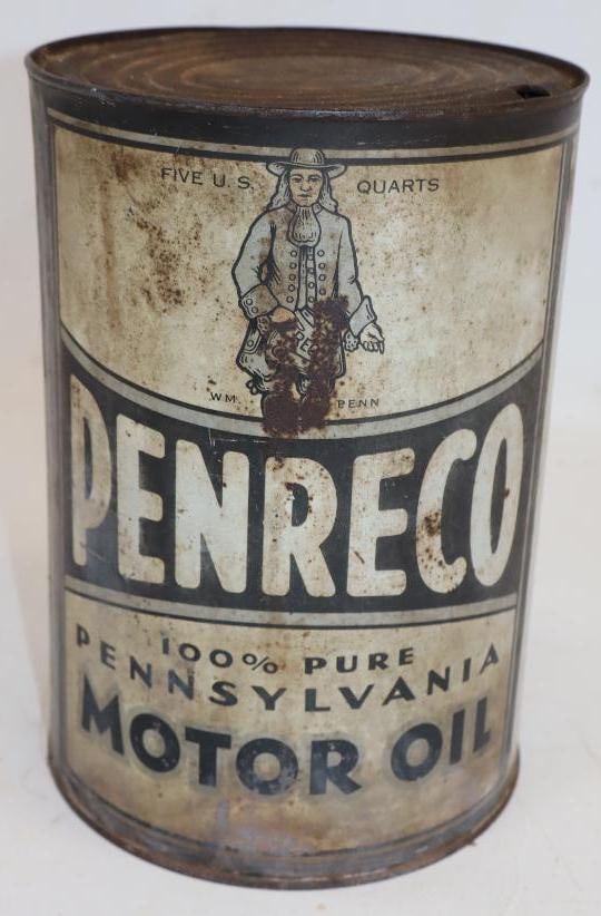 Penreco Five Quart Metal Oil Can: Has heavy fading. Empty. 6.5" x 6.5" x 9.5"