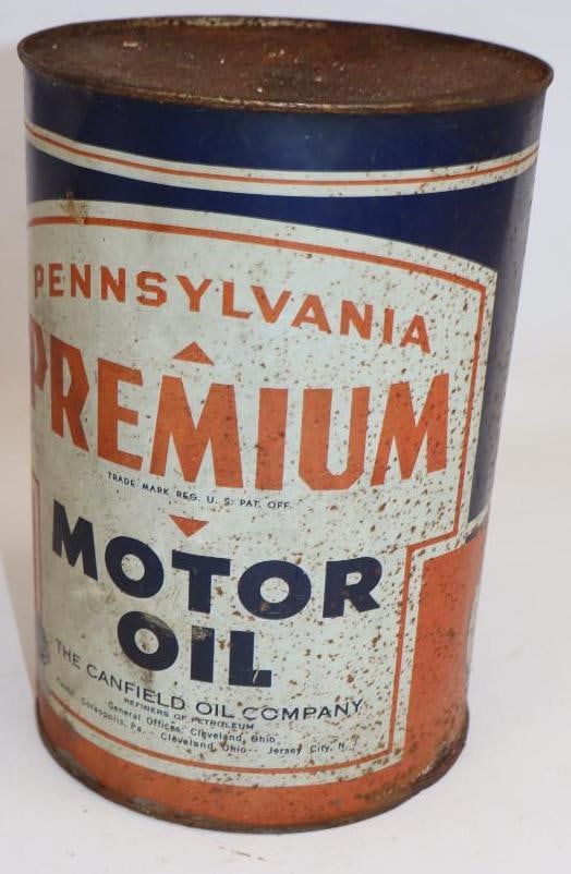 Canfield Oil Premium Pennsylvania Five Quart Metal Oil Can: Empty. 6.5" x 6.5" x 9.5"