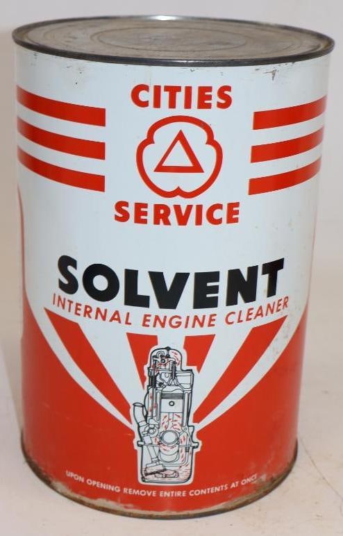 Cities Service Solvent Internal Engine Cleaner Five Quart Metal Oil Can: Empty. 6.5" x 6.5" x 9.5"