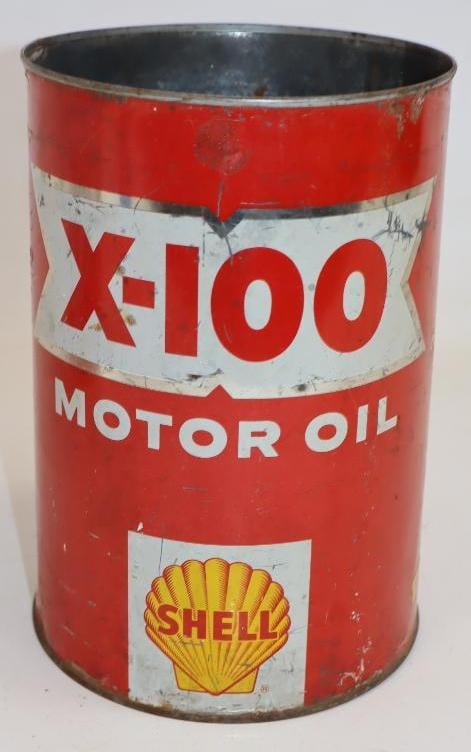 Shell X-100 Five Quart Metal Oil Can: Missing top lid. Empty. 6.5" x 6.5" x 9.5"