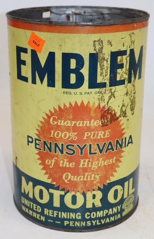 Emblem Five Quart Metal Oil Can: Missing top lid. Empty. 6.5" x 6.5" x 9.5"