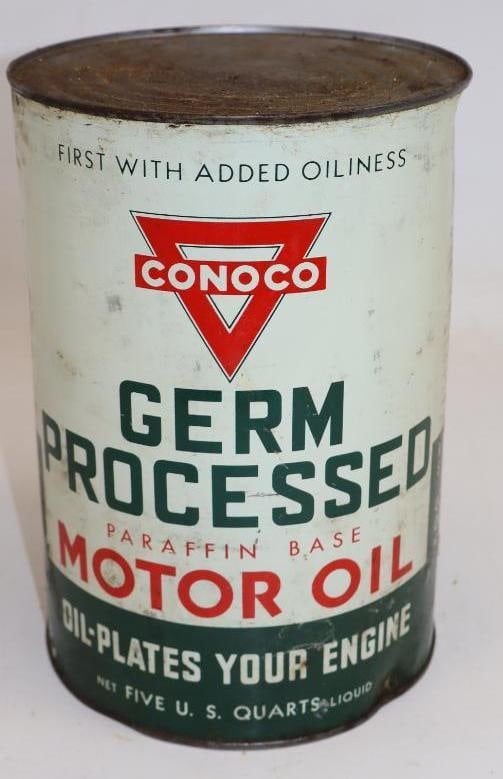 Conoco Germ Processed Five Quart Metal Oil Can: Empty. 6.5" x 6.5" x 9.5"