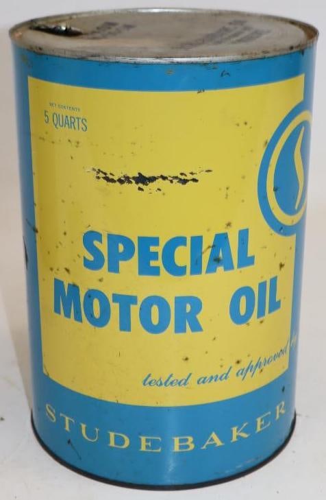 Studebaker Special Five Quart Metal Oil Can: Empty. 6.5" x 6.5" x 9.5"