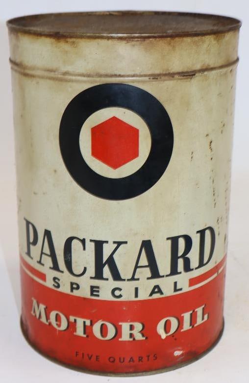 Packard Special Five Quart Metal Oil Can: Empty. 6.5" x 6.5" x 9.5"