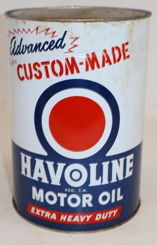 Havoline Advanced Custom Made "Bullseye" Five Quart Metal Oil Can: Empty. 6.5" x 6.5" x 9.5"