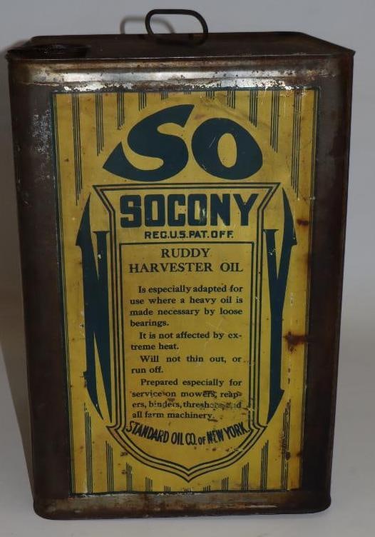 Socony Ruddy Harvester Square Metal Five Gallon Oil Can: Missing top cap. 9.5" x 9.5" x 14.25"