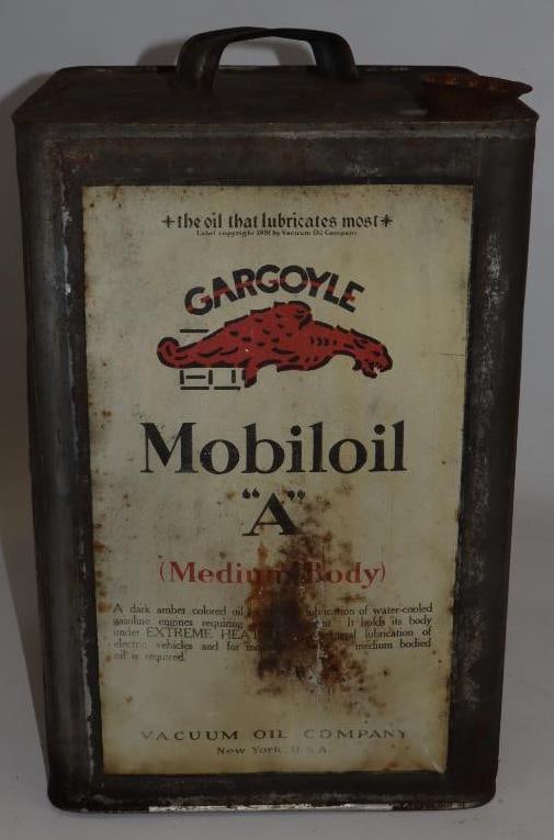 Vacuum Oil Company Gargoyle Mobiloil "A" Square Metal Five Gallon Oil Can: Missing top cap. 9.5" x 9.5" x 14.25"