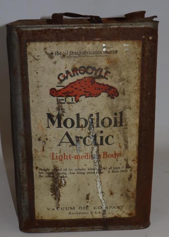 Vacuum Oil Company Gargoyle Mobiloil Arctic Square Metal Five Gallon Oil Can: 9.5" x 9.5" x 14.25"
