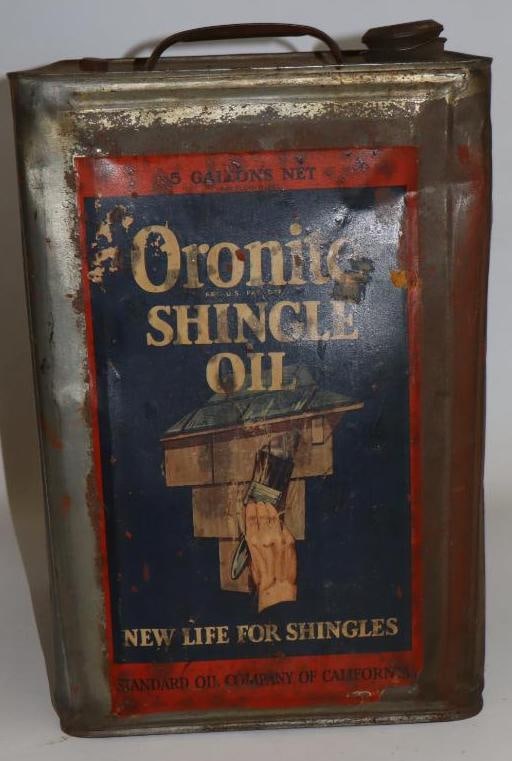 Standard Oil of California Oronite Shingle Square Metal Five Gallon Oil Can with Paper Label: 9.5" x 9.5" x 14.25"