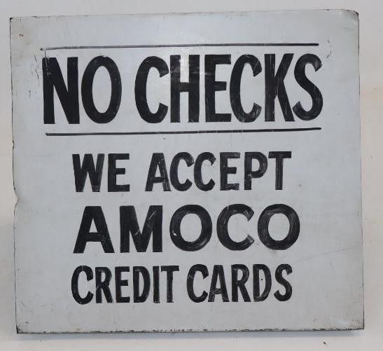 No Checks We Accept Amoco Credit Cards Metal Gas Pump Topper Sign: 8" x 13" x 12"