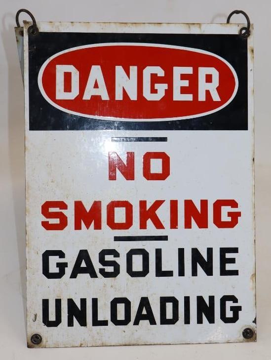 Danger No Smoking Gasoline Unloading Porcelain A Frame Warning Sign: Signs are held together at top with metal rings, and chains at the bottom. 10" x 14" folded up