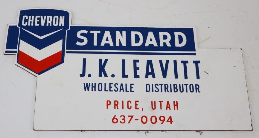 Chevron Standard Oil Wholesale Distributor Single Sided Advertising Sign: Sign is a masonite like material with a die cut decal. 14" x 7.5"