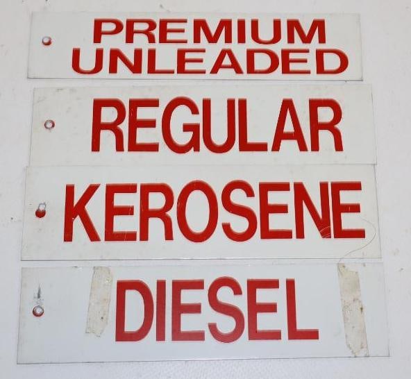 Group of 4 Premium Regular Kerosene & Diesel Metal Name Plate Tags: 6" x 1.25" each