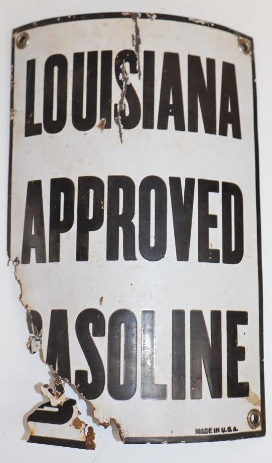 Louisiana Approved Gasoline SSP Curved Gas Pump Sign: Missing bottom corner. 9" x 5.5"
