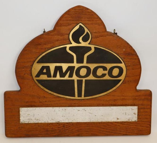 Die Cut Amoco Advertising Sign Mounted on Wood: 19" x 17" x 1"