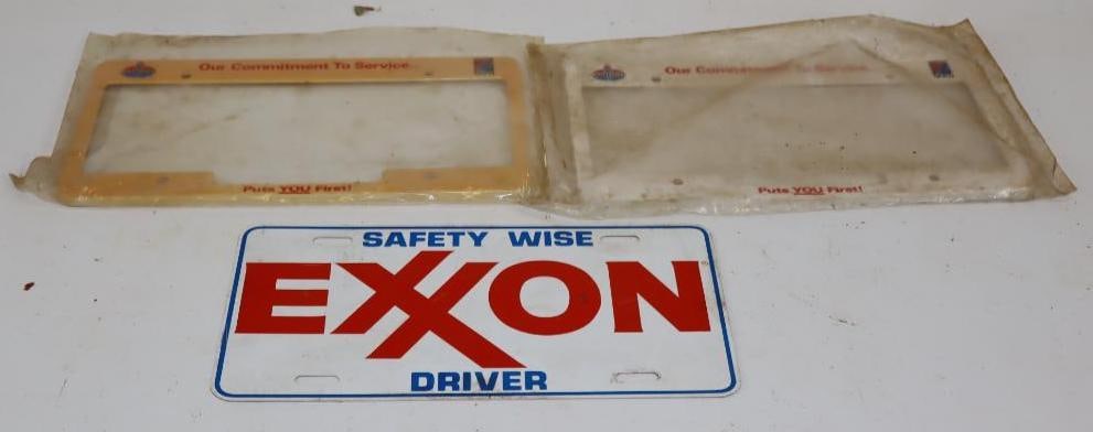 Group of 3 Amoco & Exxon Advertising Booster License Plate & License Plate Frames: 12" x 6" each