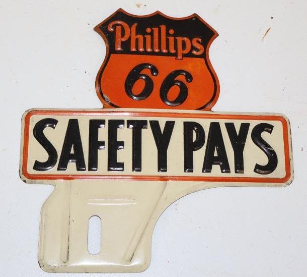 Phillips 66 Safety Pays NOS Advertising License Plate Topper: 6" x 6"