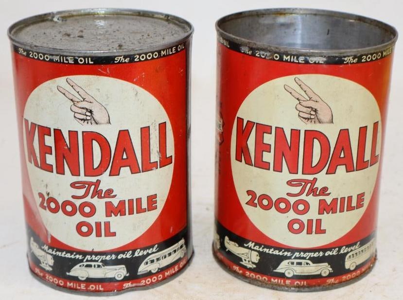 Group of 2 Kendall 2000 Mile One Quart Metal Oil Cans with Transportation Scene: One is missing top lid. Empty. 4" x 4" x 5.5" each