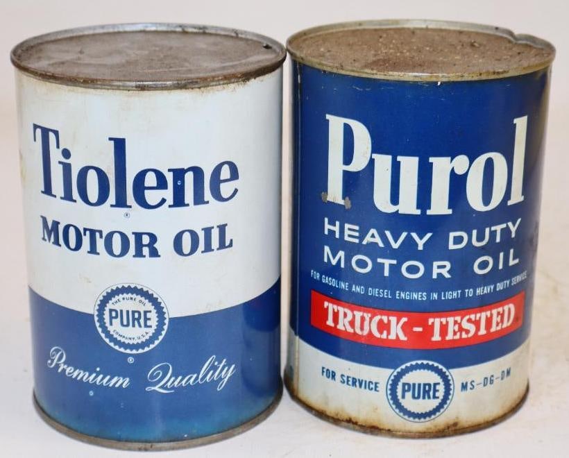 Group of 2 Pure Purol, and Tiolene One Quart Metal Oil Cans: Empty. 4" x 4" x 5.5" each