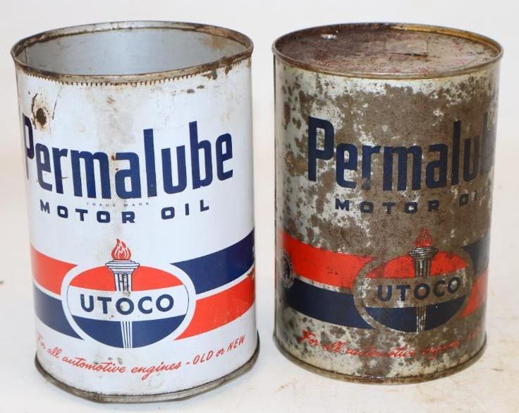Group of 2 Different Utoco Permalube One Quart Metal Oil Cans: White can is missing top lid, and has an extra hole. Empty. 4" x 4" x 5.5" each