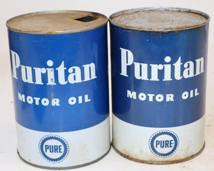 Group of 2 Pure Puritan One Quart Metal Oil Cans: Empty. 4" x 4" x 5.5" each
