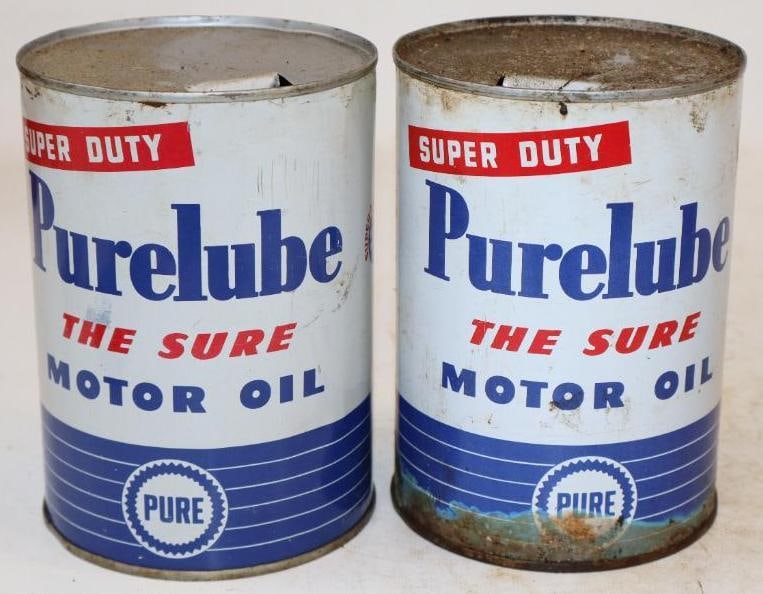 Group of 2 Pure Purelube One Quart Metal Oil Cans: Empty. 4" x 4" x 5.5" each