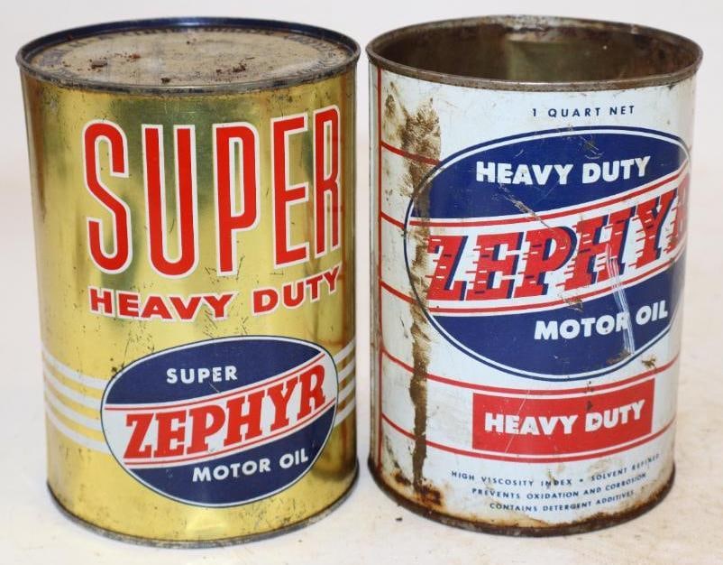Group of 2 Different Zephyr One Quart Metal Oil Cans: One is missing top lid. Empty. 4" x 4" x 5.5" each