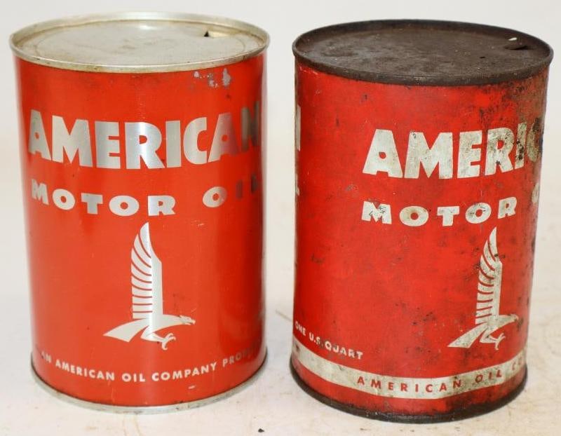 Group of 2 American One Quart Metal and Aluminum Oil Cans: Empty. 4" x 4" x 5.5" each